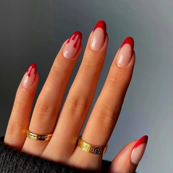 🖤❤️👻 NEW Halloween Fall Blood Drip Red French Tip Oval Short Nails 🎃❤️🖤 - Picture 1 of 5